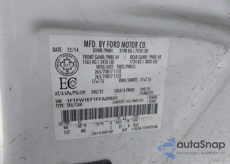 2015 Ford F-150 Xlt z USA, uszkodzony, nr VIN 1FTFW1EF1FFA20923